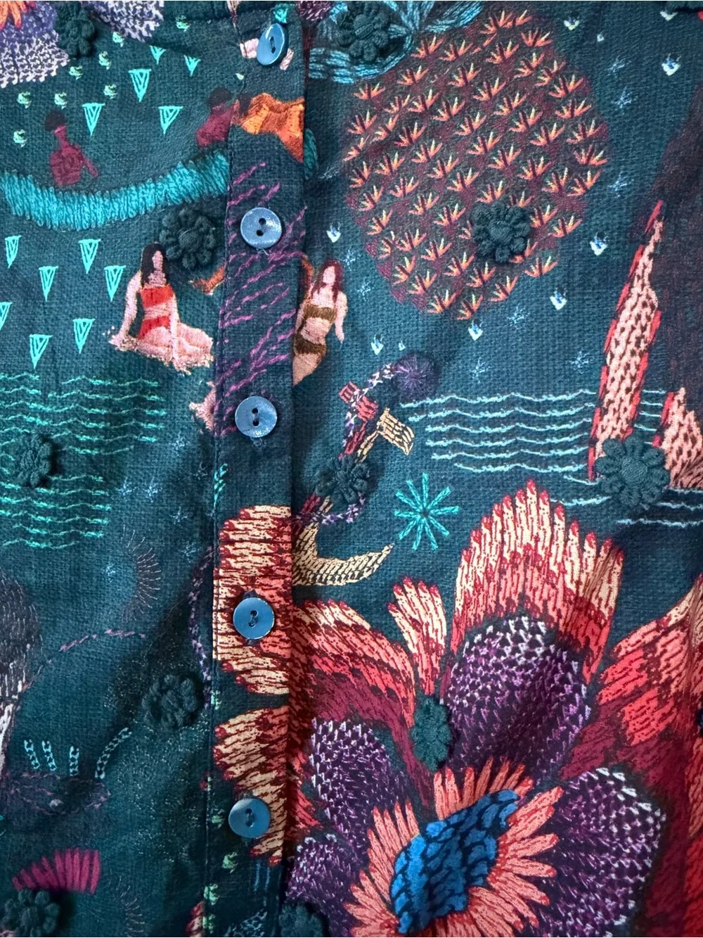 FARM Rio Vibrant Floral Embroidered Puff Sleeve Cotton Top - Size Small